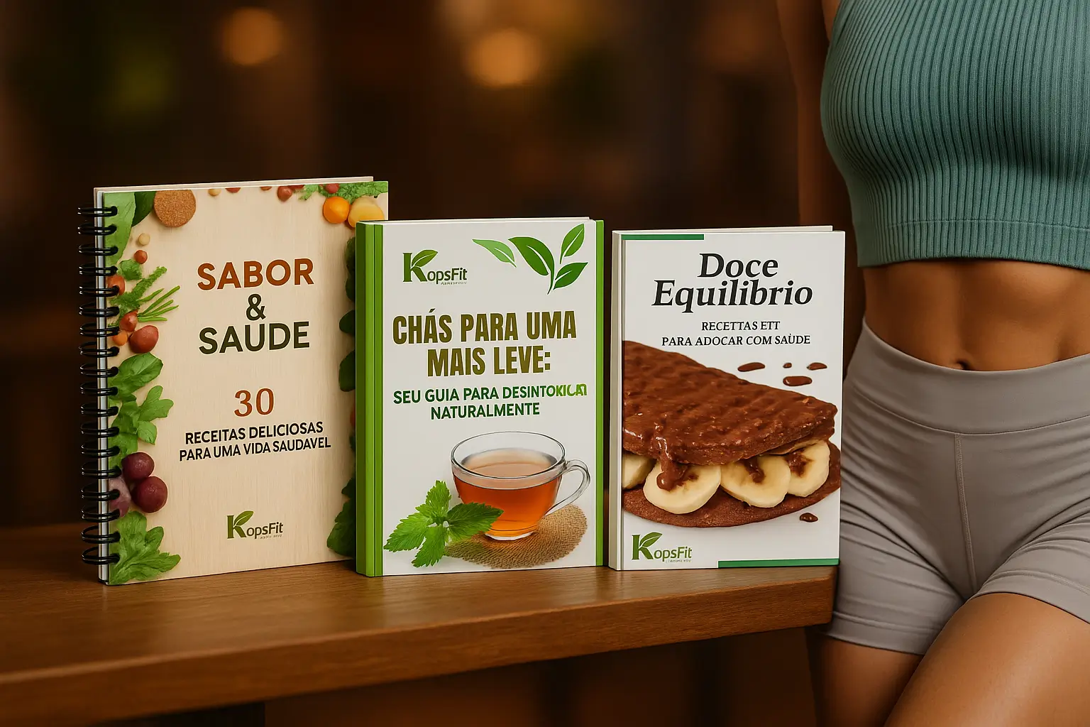 Três e-books da Kapsfit sobre alimentação saudável: Sabor & Saúde com receitas nutritivas, Chás para uma Vida Mais Leve com guias detox, e Doce Equilíbrio com sobremesas saudáveis.